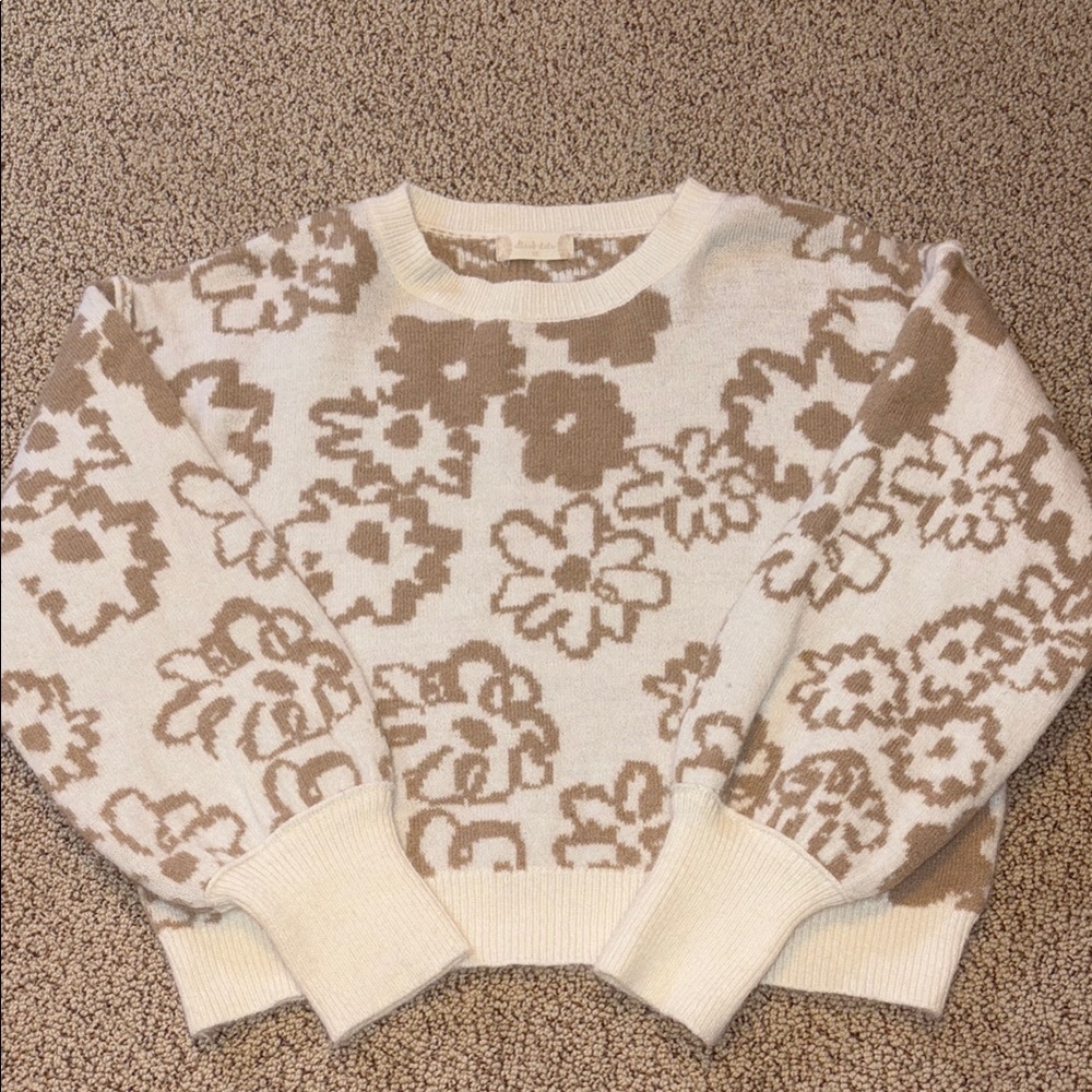 Cream and Brown Crew Neck Sweater with Floral Pattern